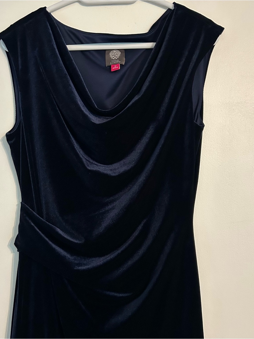 Vince Camuto Women’s Navy Velvet Dress Draped Neckline Size 12 Ruched Waist